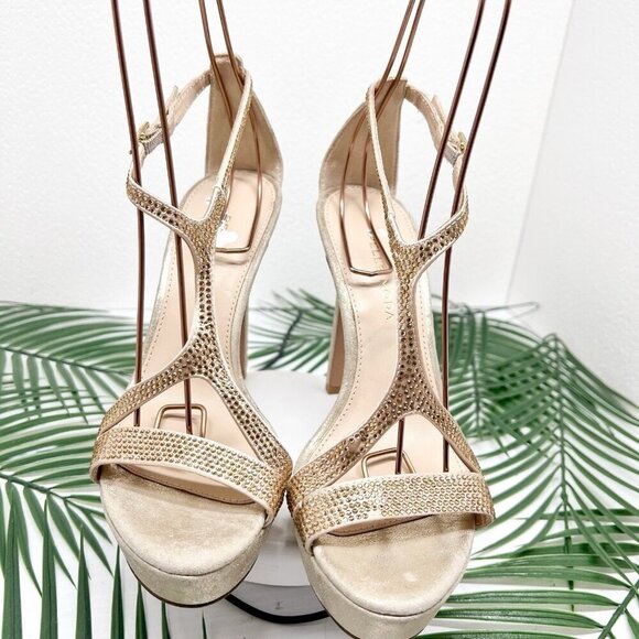 PELLE MODA Onora T-Strap Rhinestones High Heel Sandals In Platinum Size 7M - Picture 3 of 15